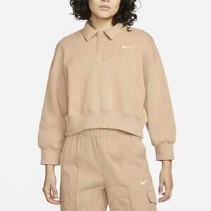 Nike Beige Phoenix Fleexe Collared Crop Pullover Sweater-S Sporty Athleisure
